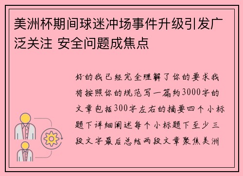 美洲杯期间球迷冲场事件升级引发广泛关注 安全问题成焦点